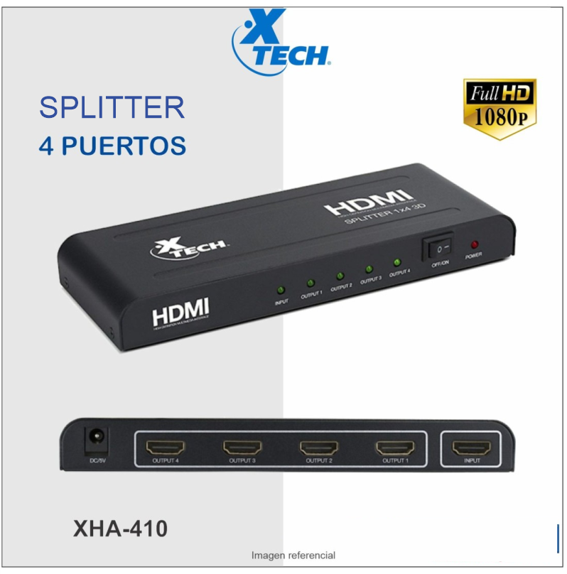 SPLITTER 4 PUERTOS XTECH HDMI 4 WAY SPLIT XHA410 1080P