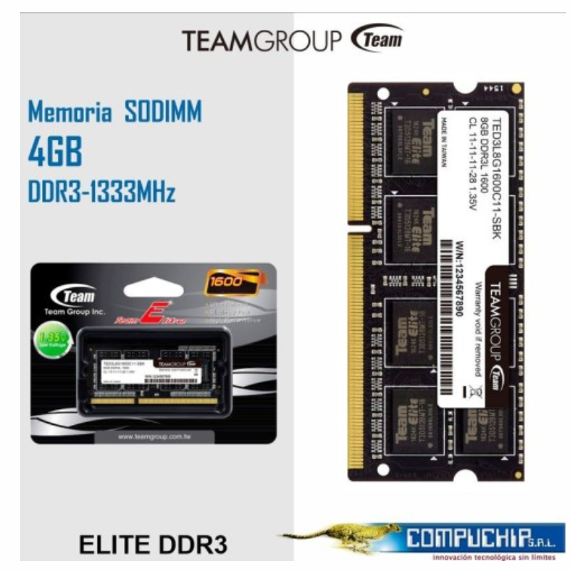 MEMORIA TEAMGROUP SO-DIMM ELITE DDR3 4GB DDR3L-1333 MHZ, CL9, 1.35V